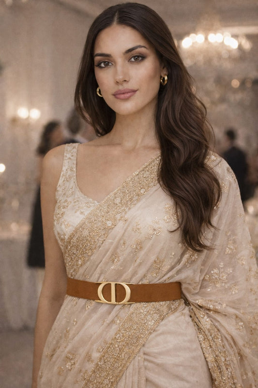 Elegant Brown Waist Belt with Gold Double Loop Buckle for Women