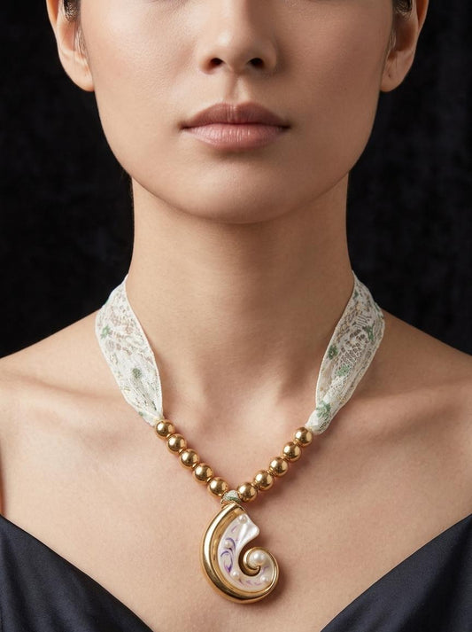 Anti Tarnish Gold Charm Necklace with Pearl Pendant & Lace Strap | Elegant Statement Necklace for Women