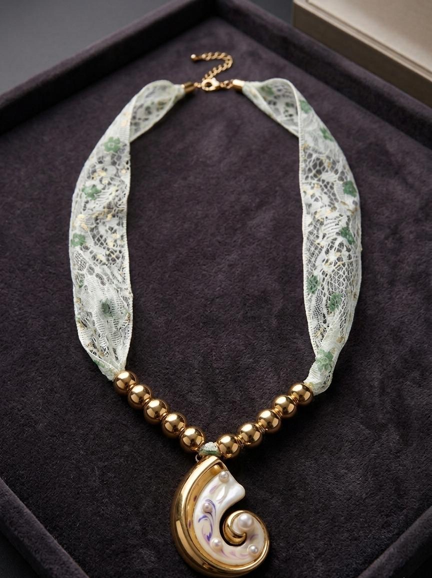 Anti Tarnish Gold Charm Necklace with Pearl Pendant & Lace Strap | Elegant Statement Necklace for Women