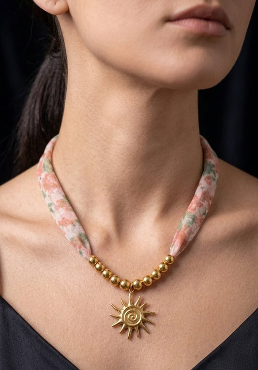 Anti Tarnish Gold Sun Charm Necklace with Floral Fabric Strap | Aesthetic Statement Necklace for Women