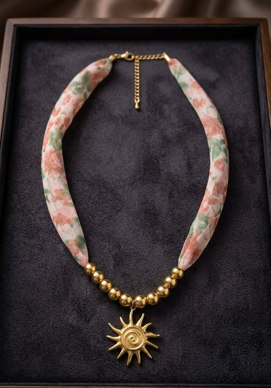 Anti Tarnish Gold Sun Charm Necklace with Floral Fabric Strap | Aesthetic Statement Necklace for Women
