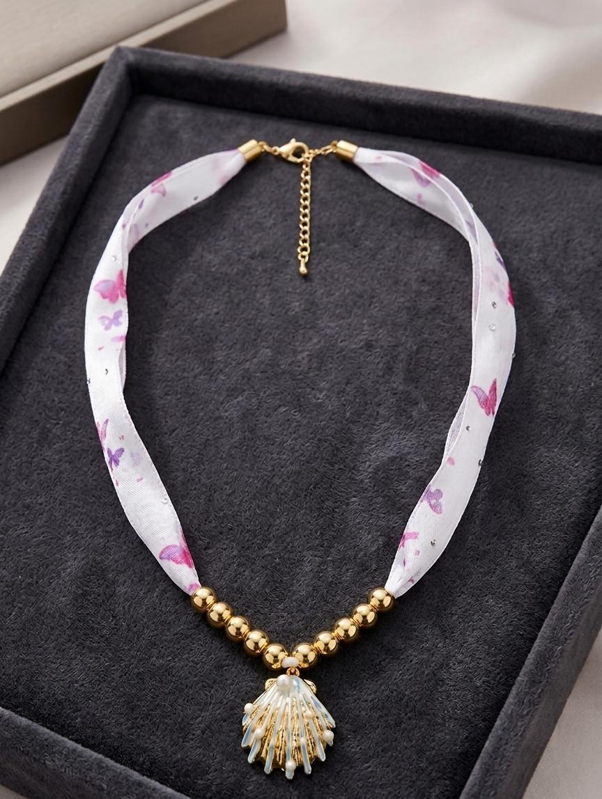 Anti Tarnish Gold Shell Charm Necklace with Butterfly Strap | Aesthetic Beach Style Necklace for Women