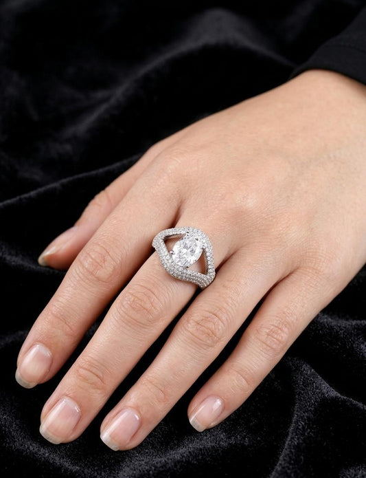 Adjustable American Diamond Statement Ring – Silver Crystal Cocktail Ring for Women