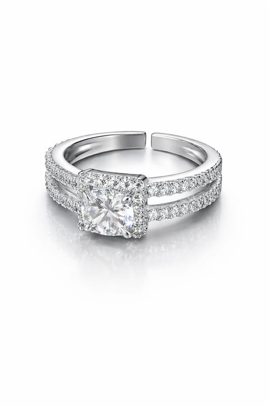 Adjustable American Diamond Solitaire Ring for Women – Silver Plated Double Band Halo Ring