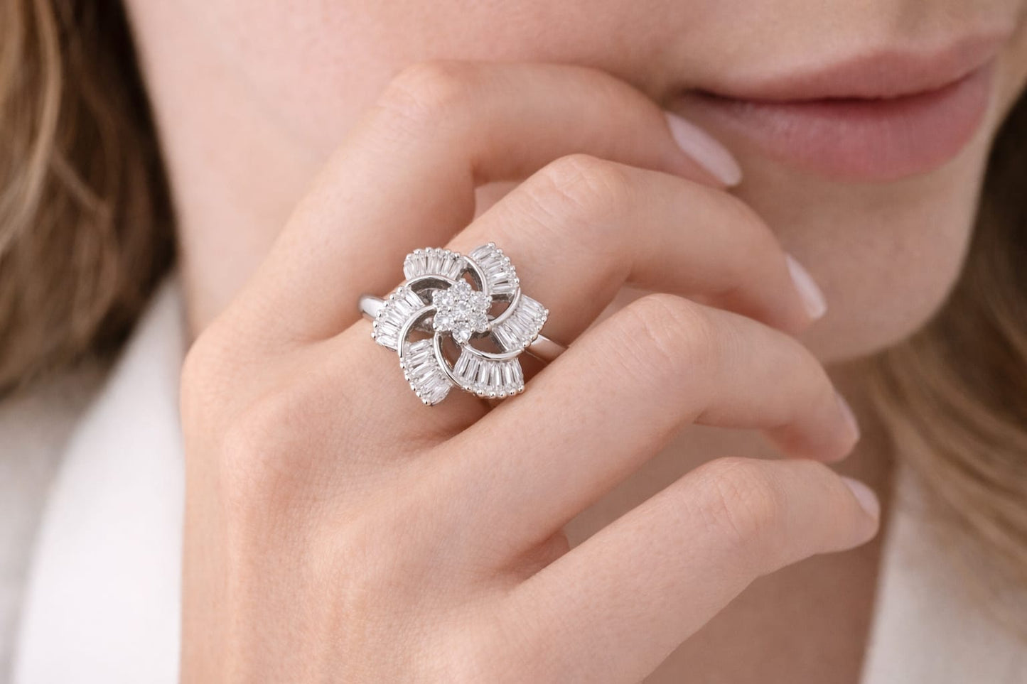 Adjustable American Diamond Floral Ring for Women – Silver Plated Baguette Designer Statement Ring