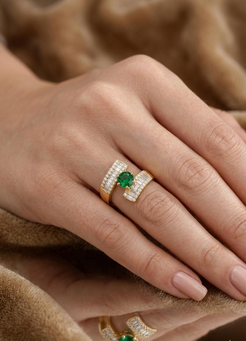 Adjustable Green Stone American Diamond Ring for Women – Gold Plated Baguette & Emerald Style Statement Ring