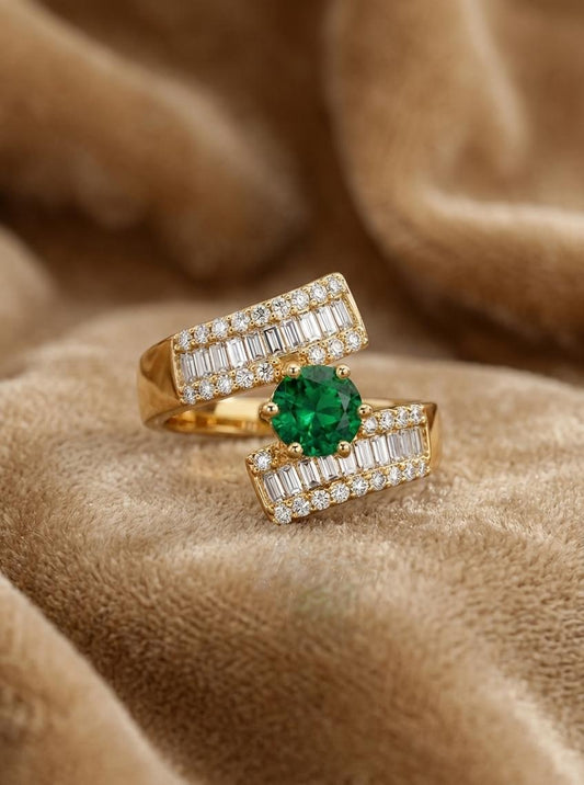 Adjustable Green Stone American Diamond Ring for Women – Gold Plated Baguette & Emerald Style Statement Ring