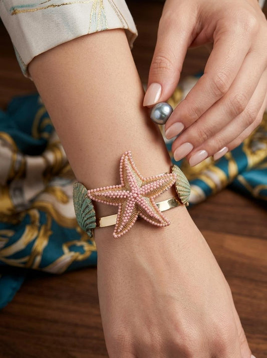Starfish Shell Gold-Plated Adjustable Cuff Bracelet for Women | Beach Style Statement Bracelet