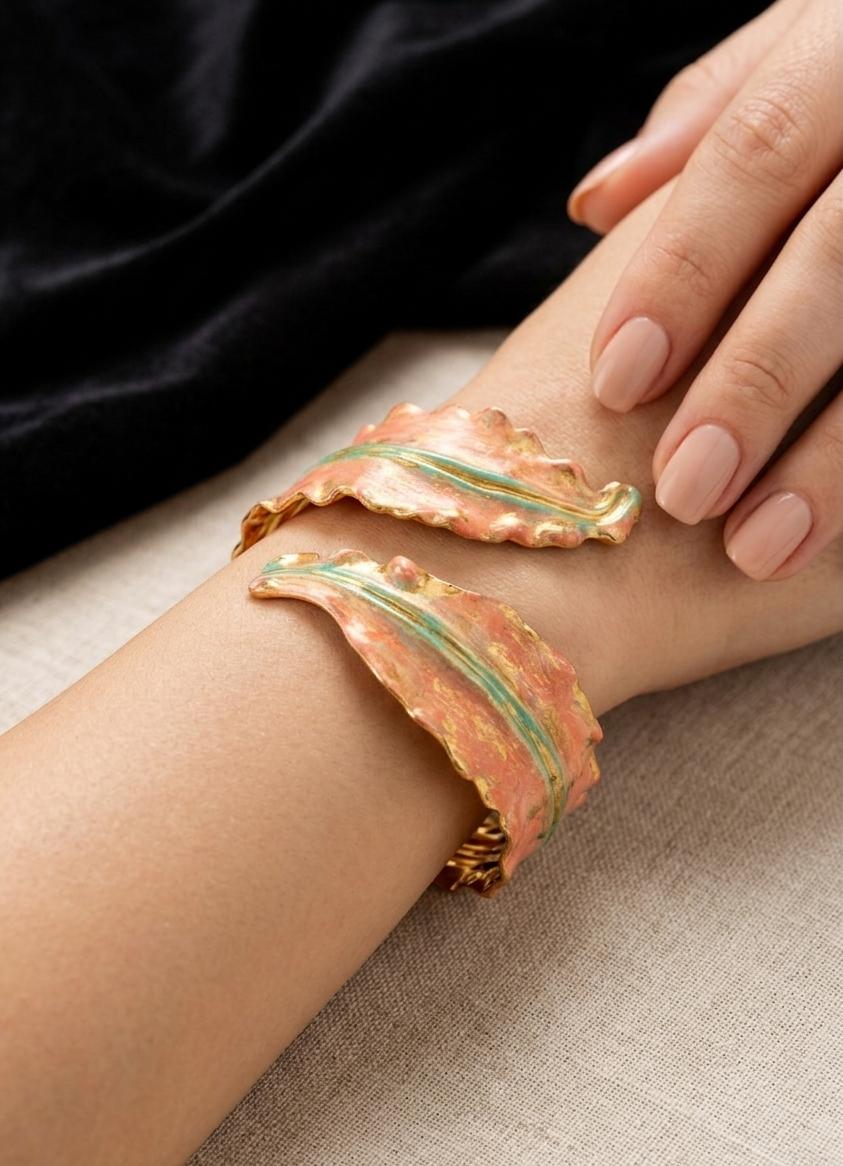 Abstract Coral Enamel Gold-Plated Adjustable Cuff Bracelet for Women | Statement Artistic Bracelet