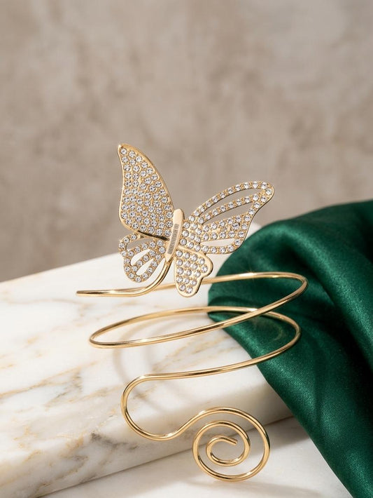 Gold Butterfly Adjustable Arm Cuff for Women | Textured Statement Arm Bracelet