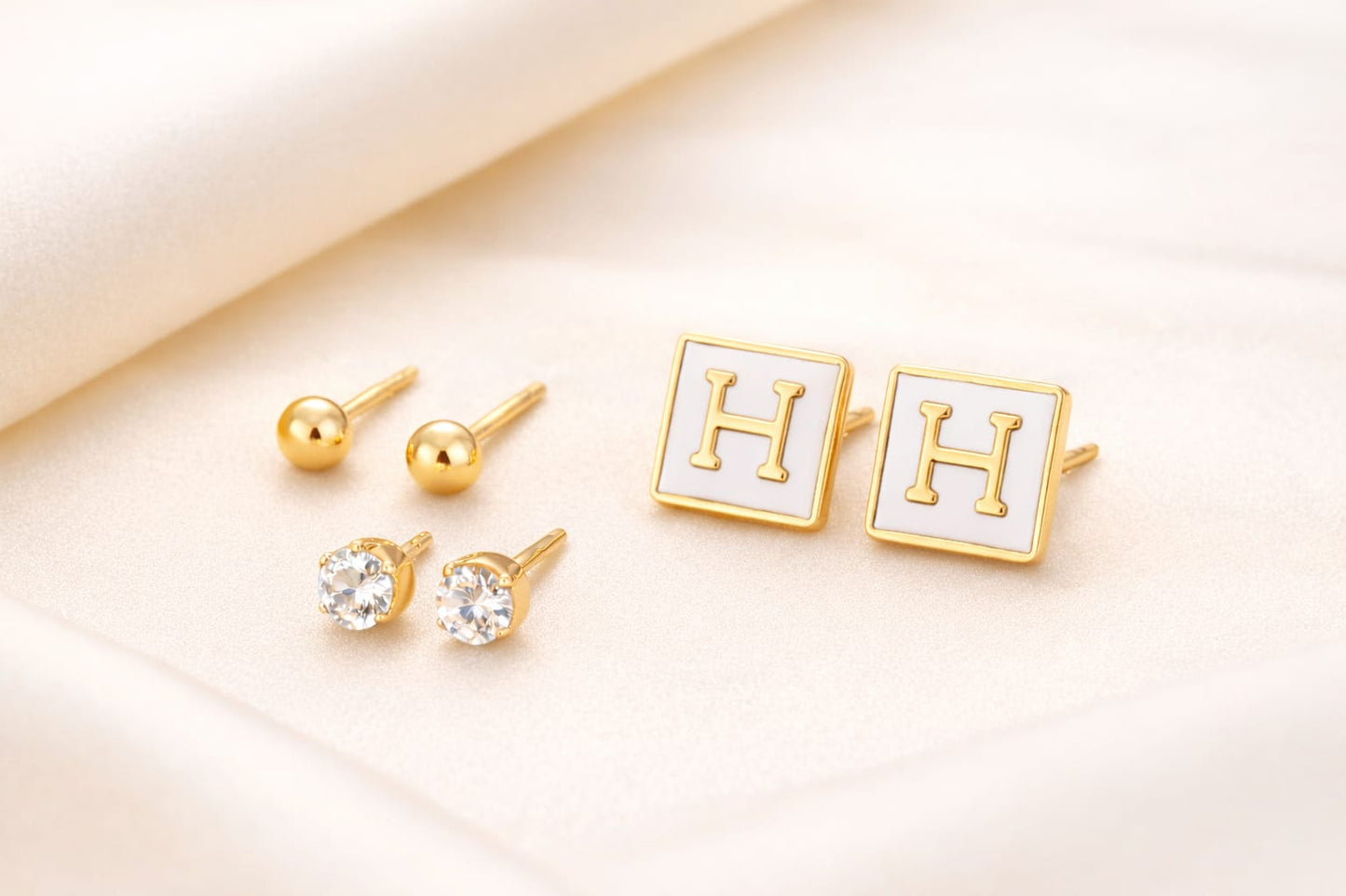 3 Pair Gold Stud Earring Set – Initial Letter, Ball & Crystal Stud Earrings