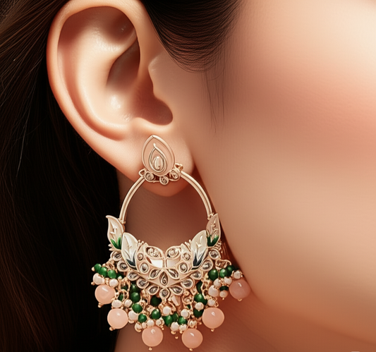 Jadau Polki Hoop Earrings with Pink and Green Beads.