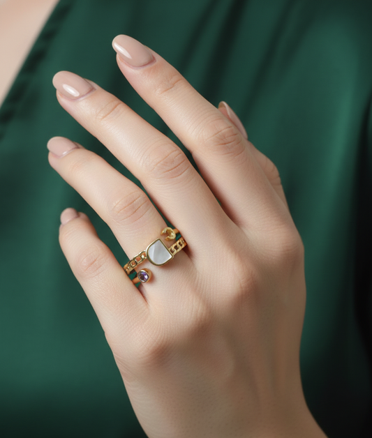 Dual Stone Chain Adjustable Gold Ring