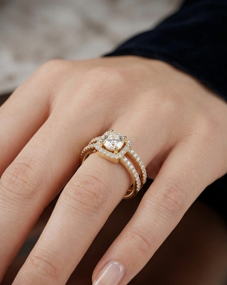 Rose gold ring with a diamond on a person's finger against a blurred background