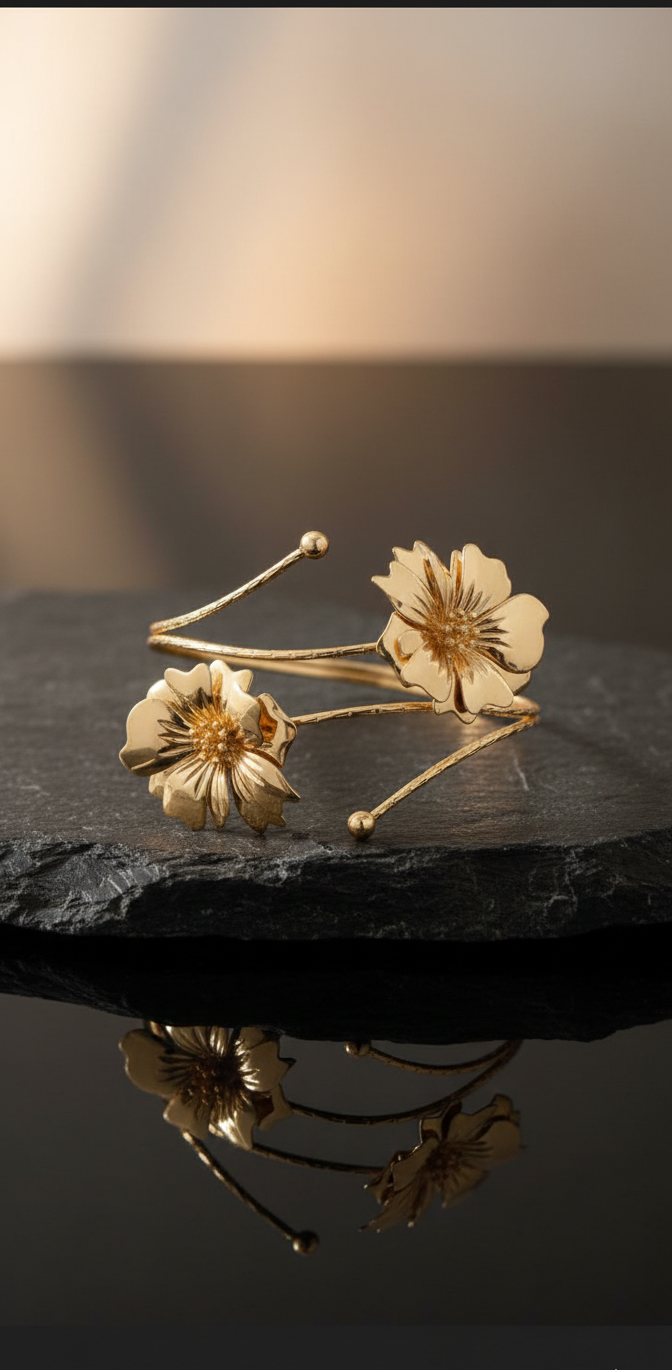 Gold-Plated Floral Open Arm Cuff Bracelet