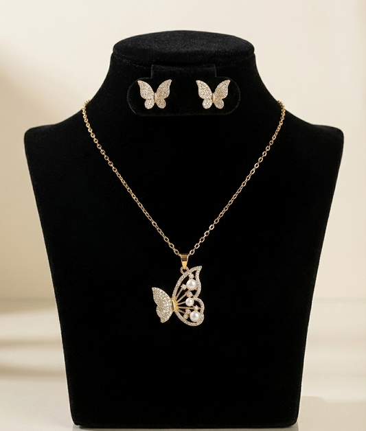 Golden Butterfly Pearl Anti-Tarnish Necklace & Earrings Combo