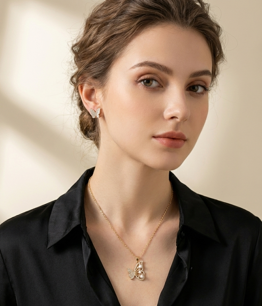 Golden Butterfly Pearl Anti-Tarnish Necklace & Earrings Combo