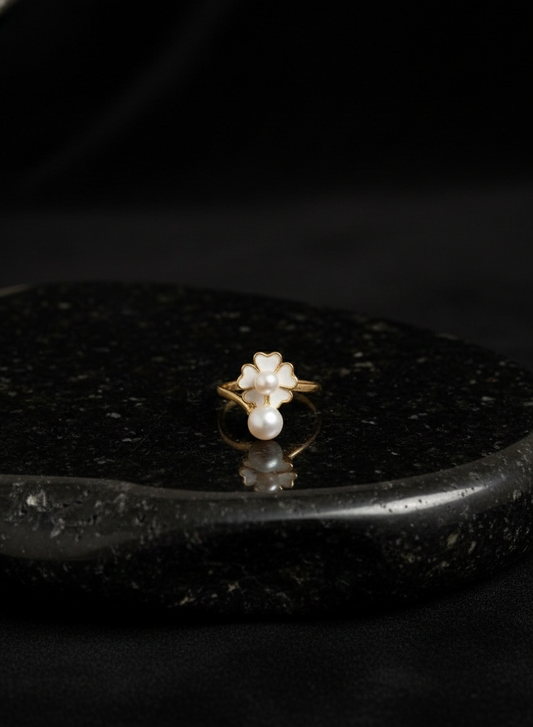 Floral Pearl Adjustable Gold Ring