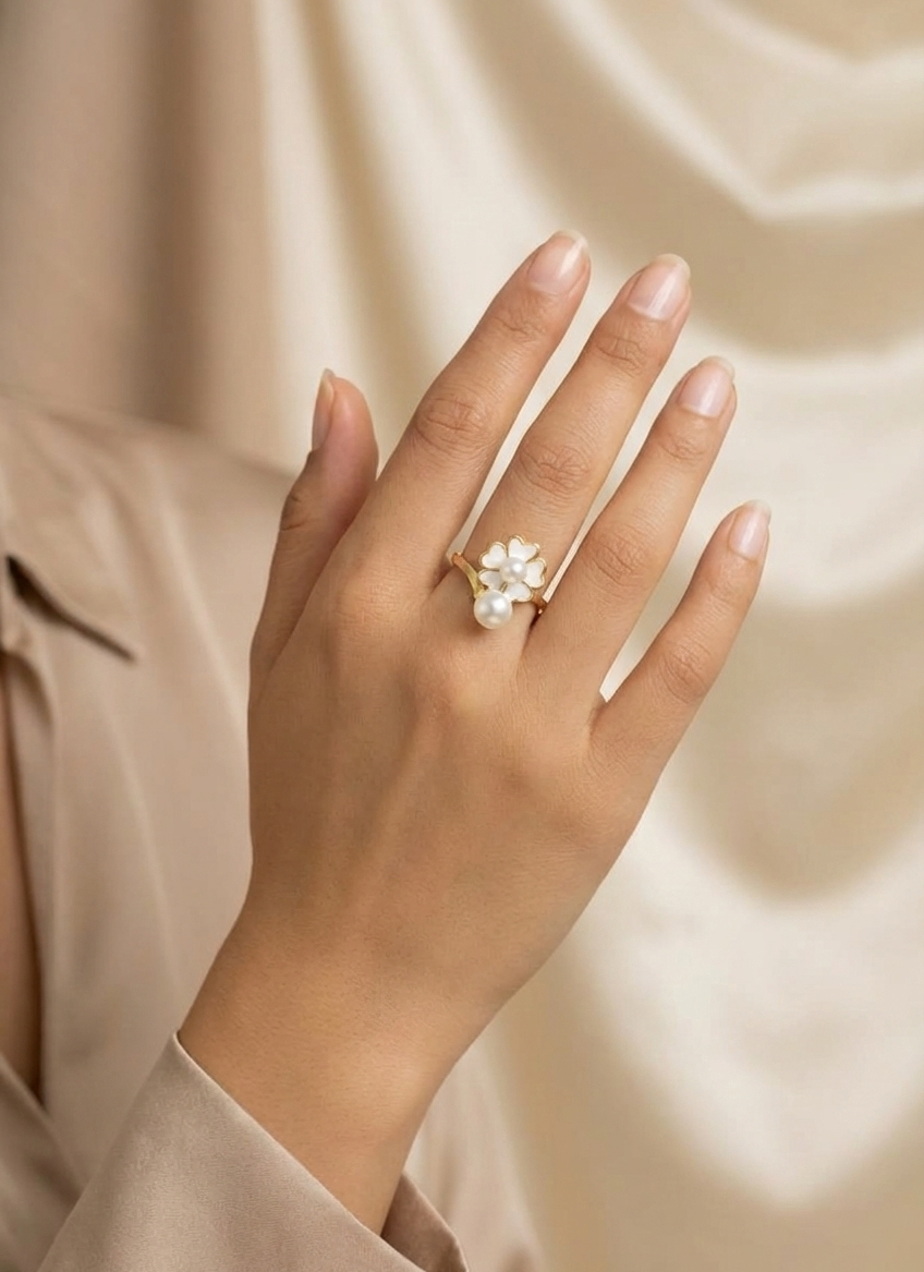 Floral Pearl Adjustable Gold Ring