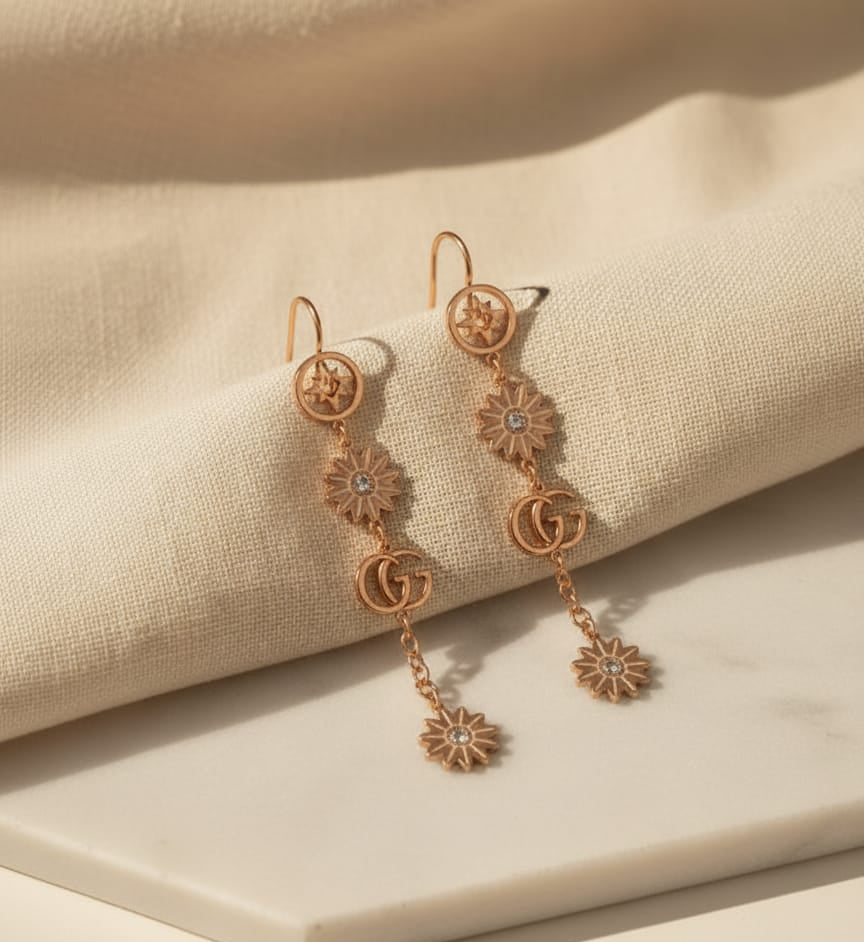 Rose Gold Dangle Earrings with Crystal Flowers