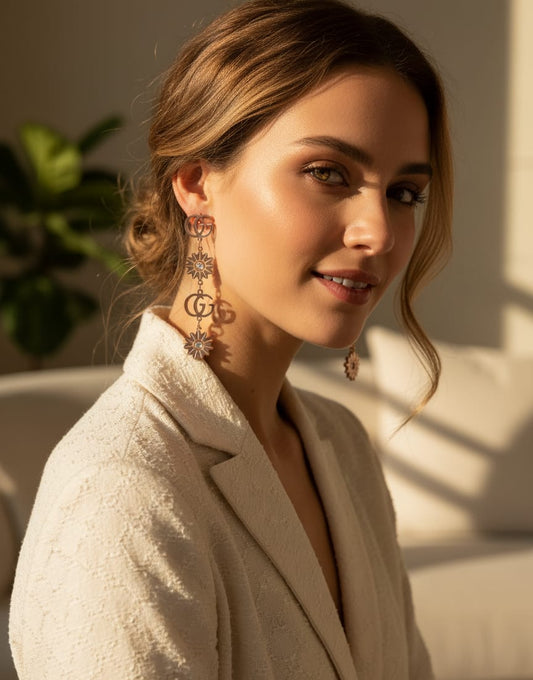 Rose Gold Dangle Earrings with Crystal Flowers