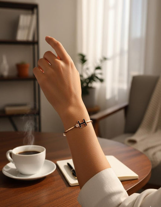 Black Enamel 'H' Bangle with Crystal Accent