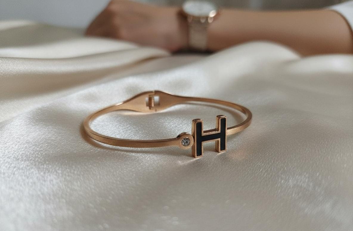 Black Enamel 'H' Bangle with Crystal Accent
