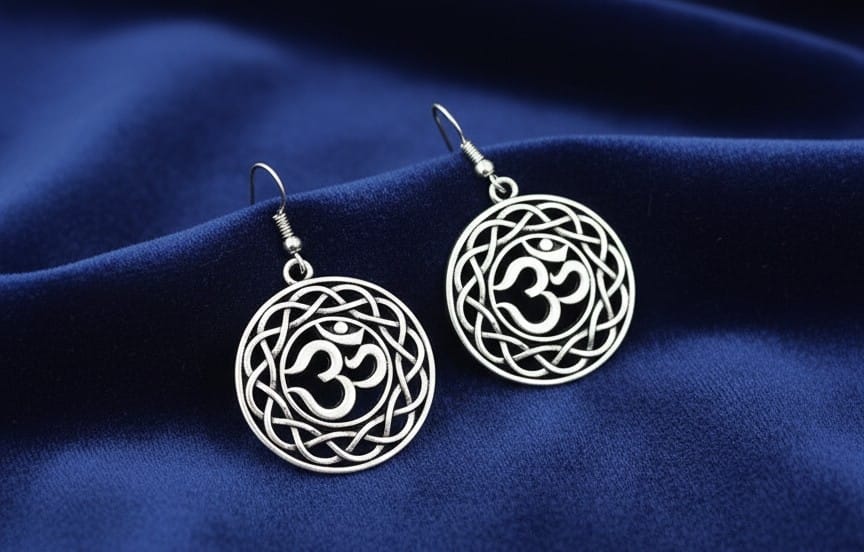 Silver Om Earrings with Celtic Knot