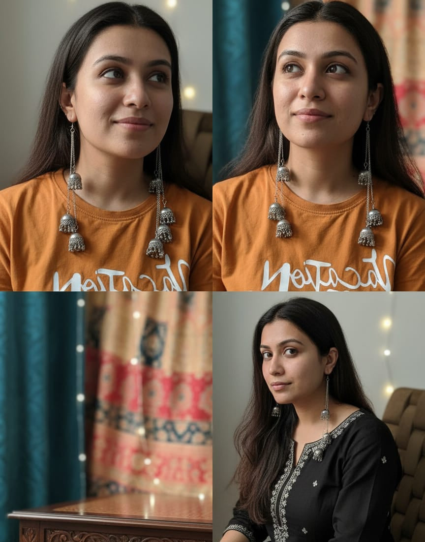 Oxidized Silver Jhumka Chain Earrings