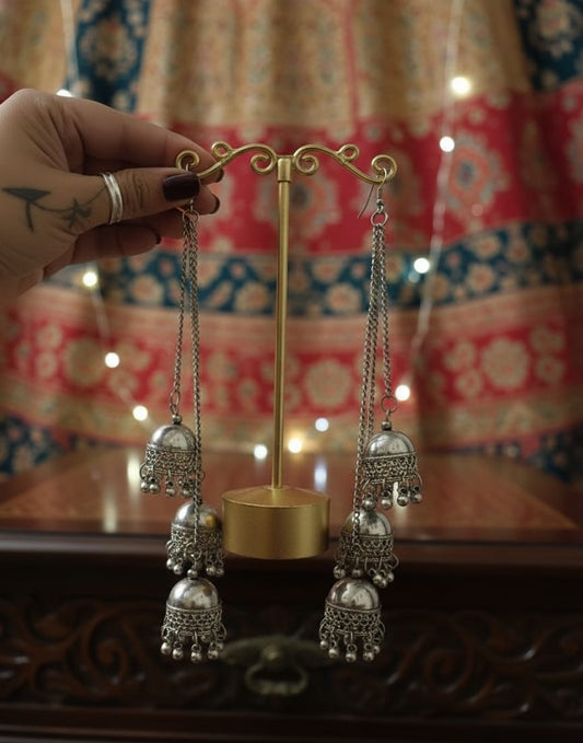 Oxidized Silver Jhumka Chain Earrings