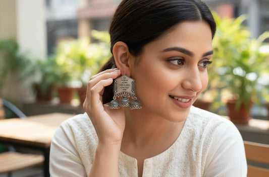 Oxidized Silver Mantra Jhumkas