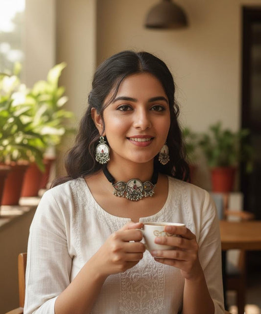 "Heritage Bloom" Oxidized Silver Choker & Earring Set
