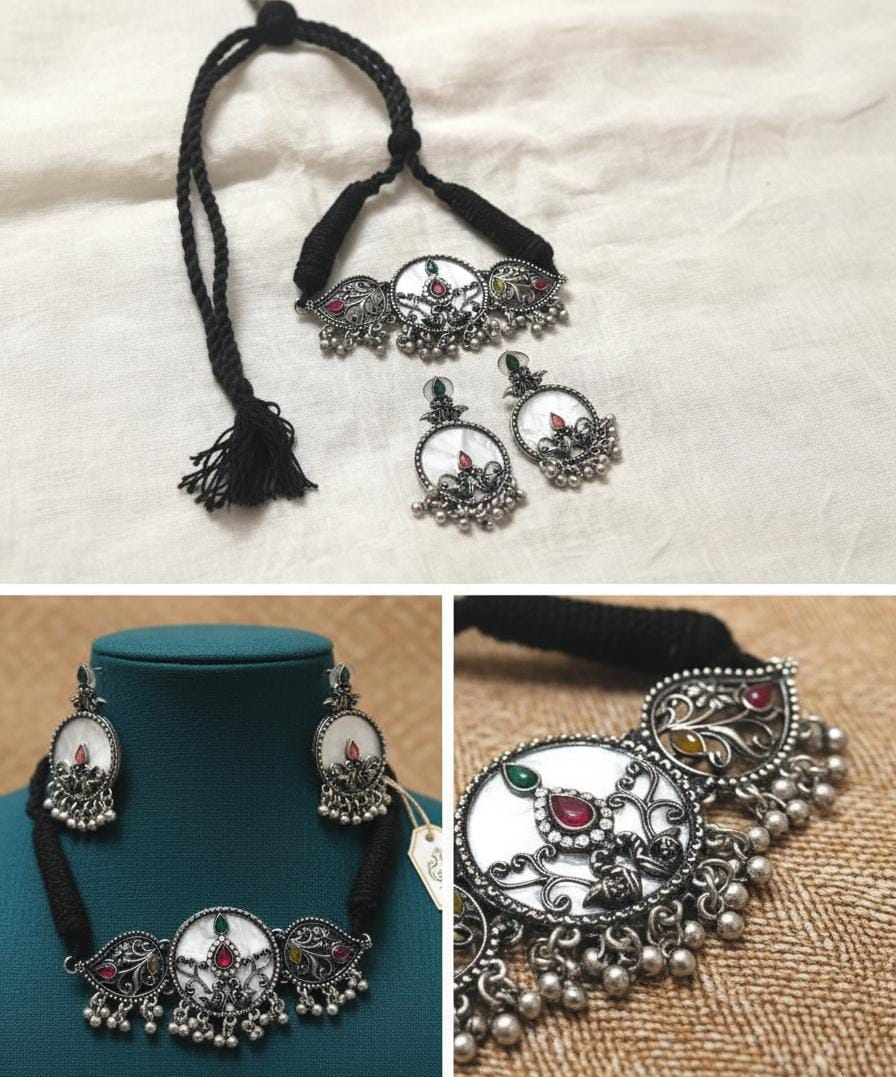 "Heritage Bloom" Oxidized Silver Choker & Earring Set