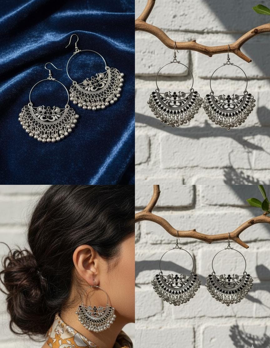 Oxidized Silver Peacock & Ghungroo Earrings