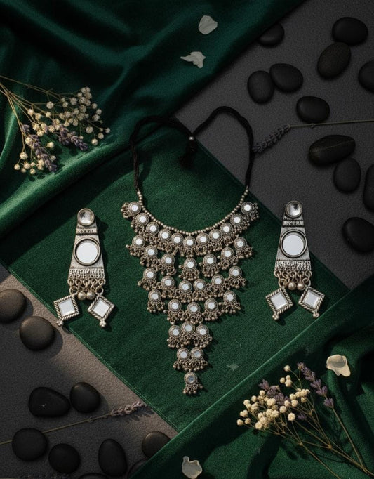 Oxidized Silver Mirror Choker with Earrings
