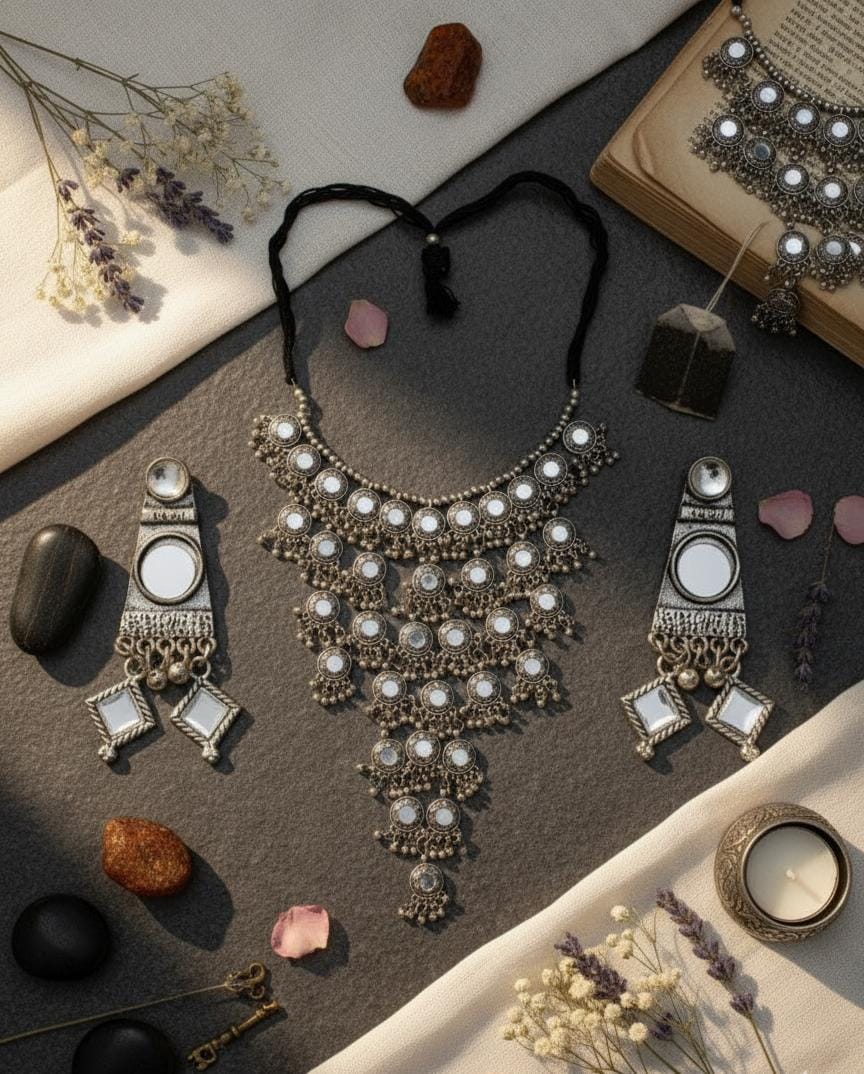 Oxidized Silver Mirror Choker with Earrings