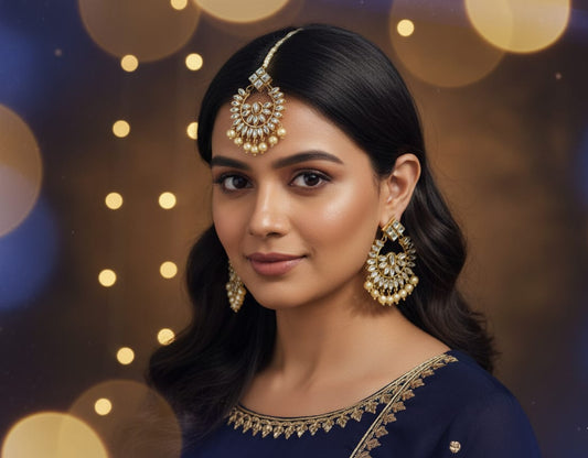 "Aarohi" Kundan & Pearl Maangtika with Matching Chandbali Earrings