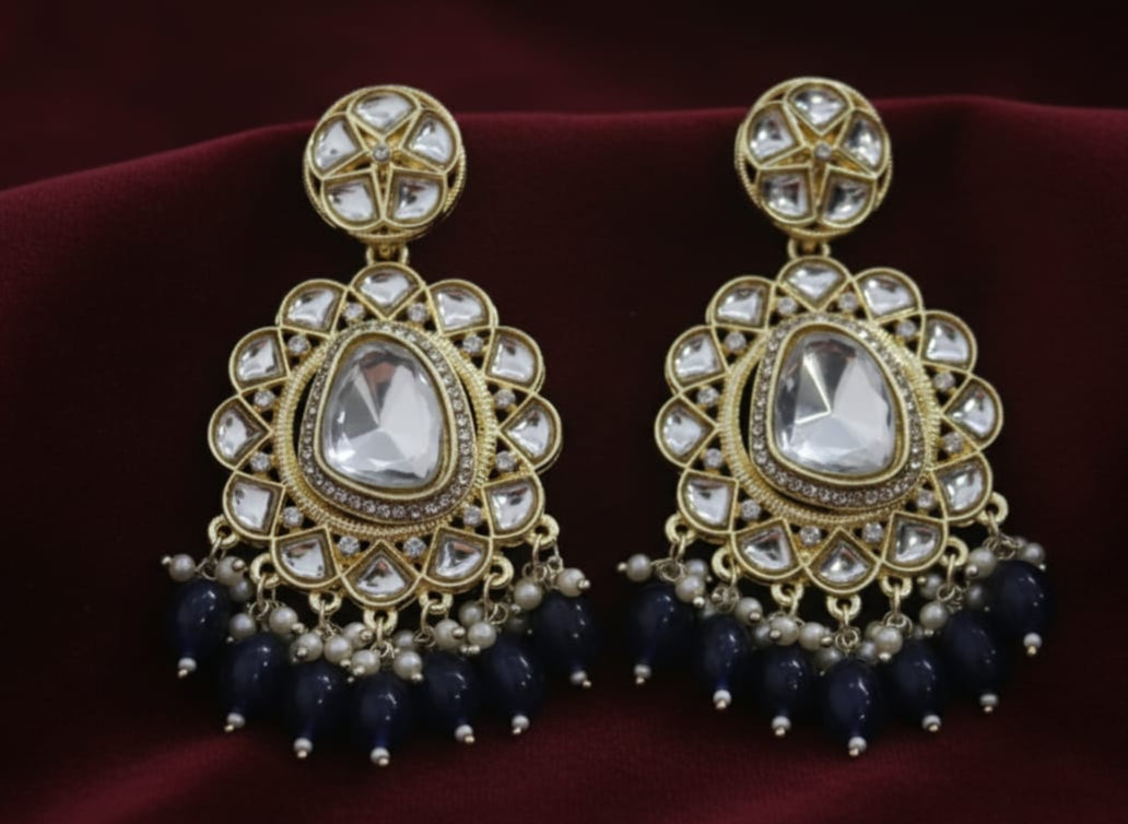 Kundan Polki &amp; Navy Blue Jhumki Earrings