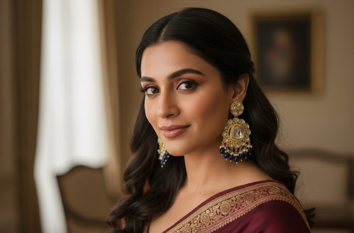 Kundan Polki &amp; Navy Blue Jhumki Earrings