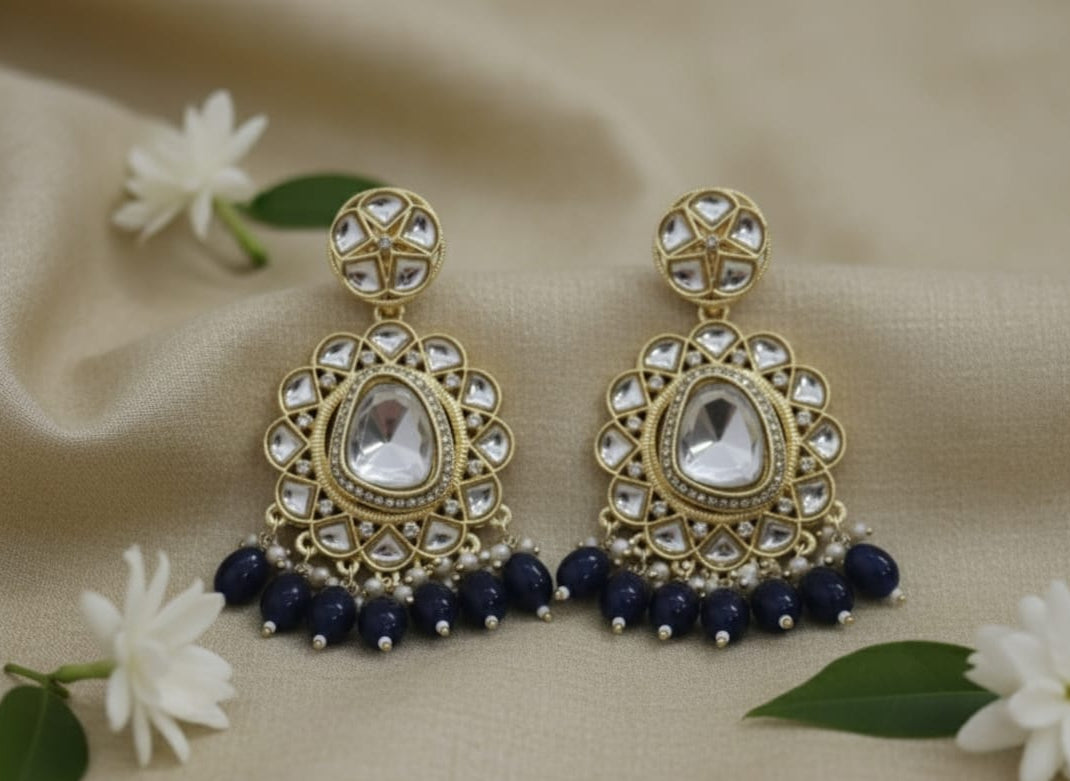 Kundan Polki &amp; Navy Blue Jhumki Earrings