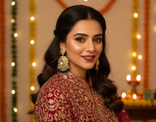Kundan Polki &amp; Navy Blue Jhumki Earrings