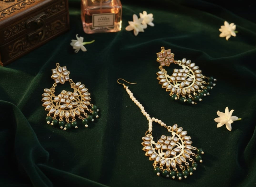 The 'Aisha' Kundan & Emerald Tassel Set