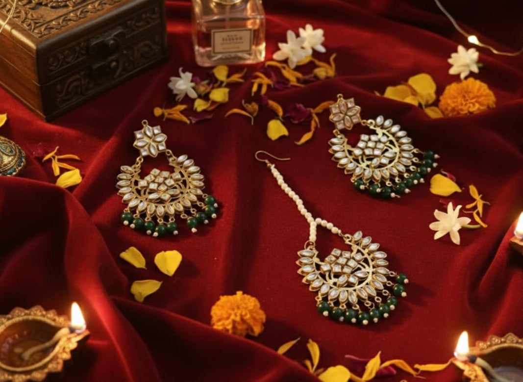 The 'Aisha' Kundan & Emerald Tassel Set