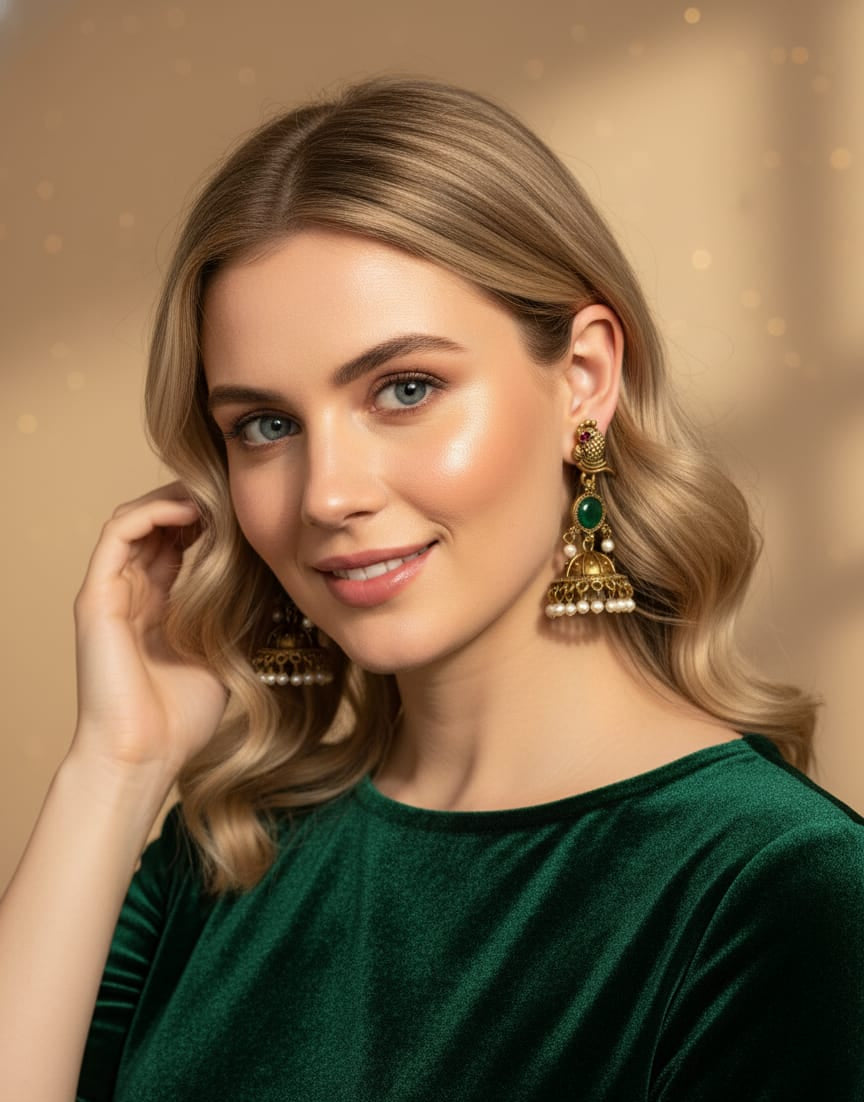 Antique Gold-Plated Peacock Green Stone Jhumka Earrings with Pearl Drops