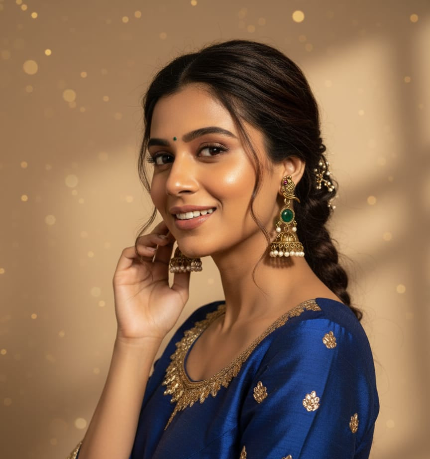 Antique Gold-Plated Peacock Green Stone Jhumka Earrings with Pearl Drops