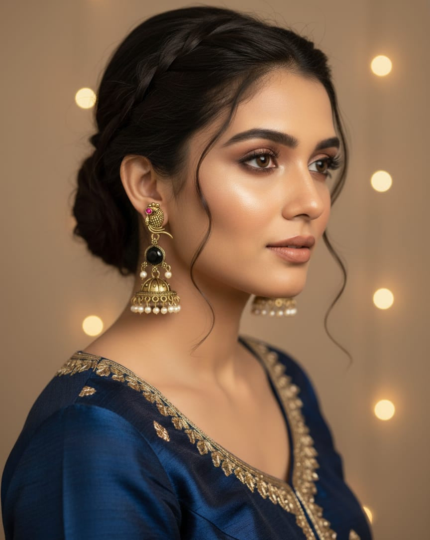 Antique Gold-Plated Peacock Black Stone Jhumka Earrings with Pearl Drops