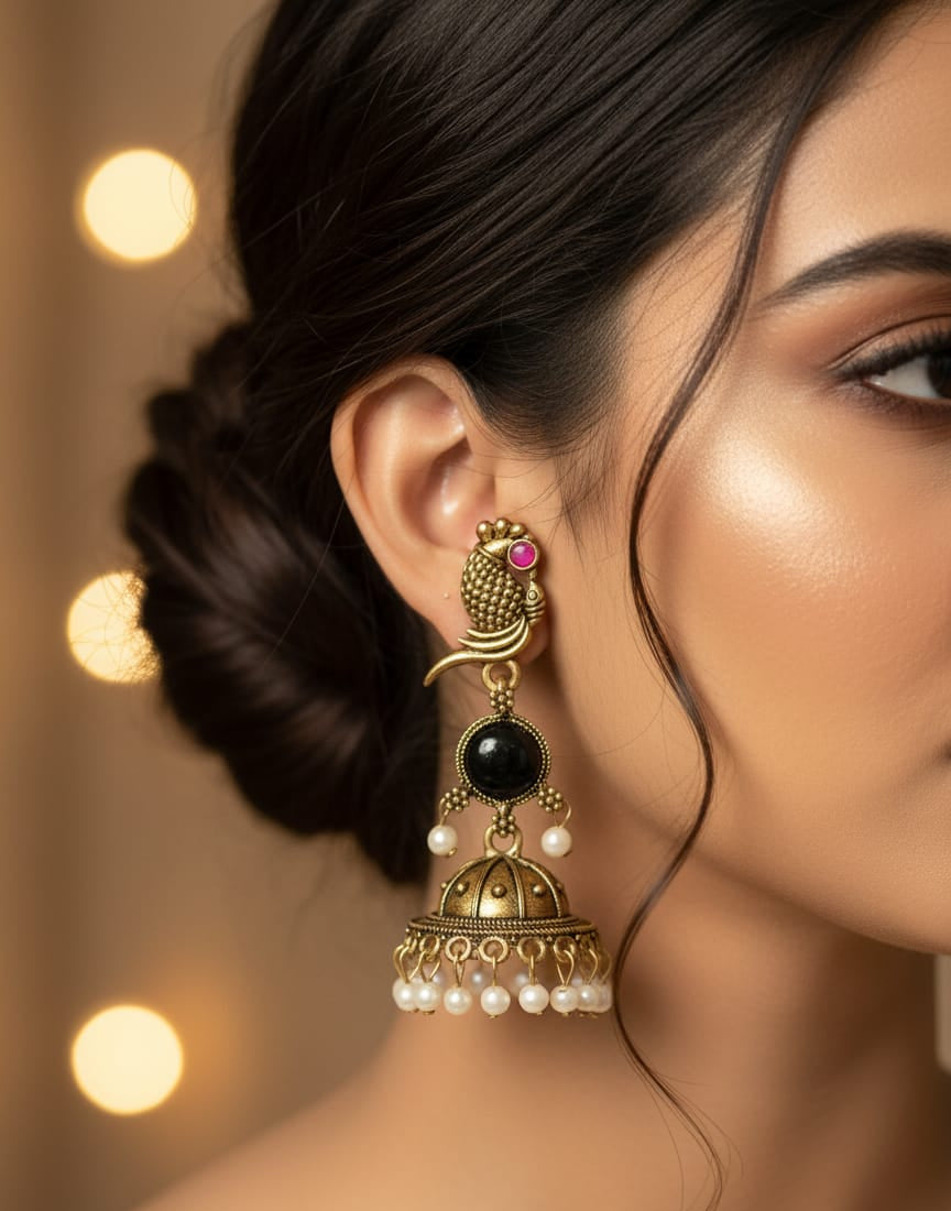 Antique Gold-Plated Peacock Black Stone Jhumka Earrings with Pearl Drops