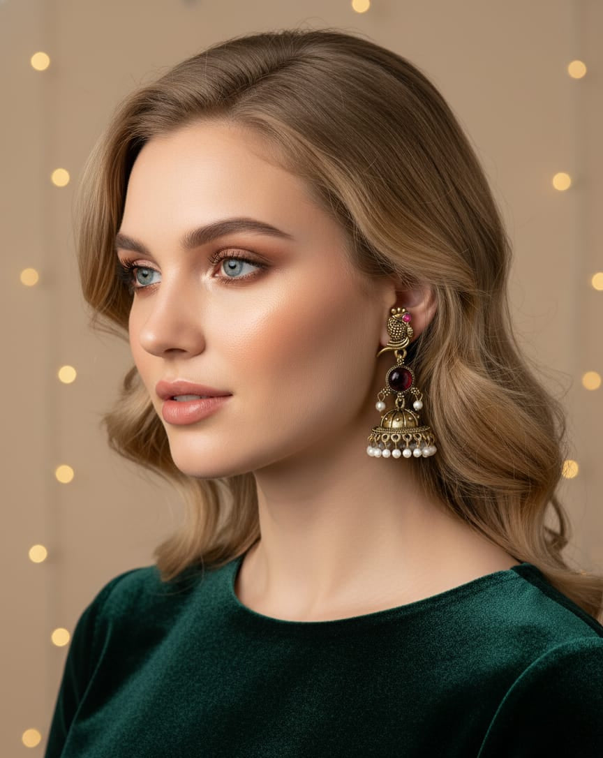 Antique Gold-Plated Peacock Red Stone Jhumka Earrings with Pearl Drops