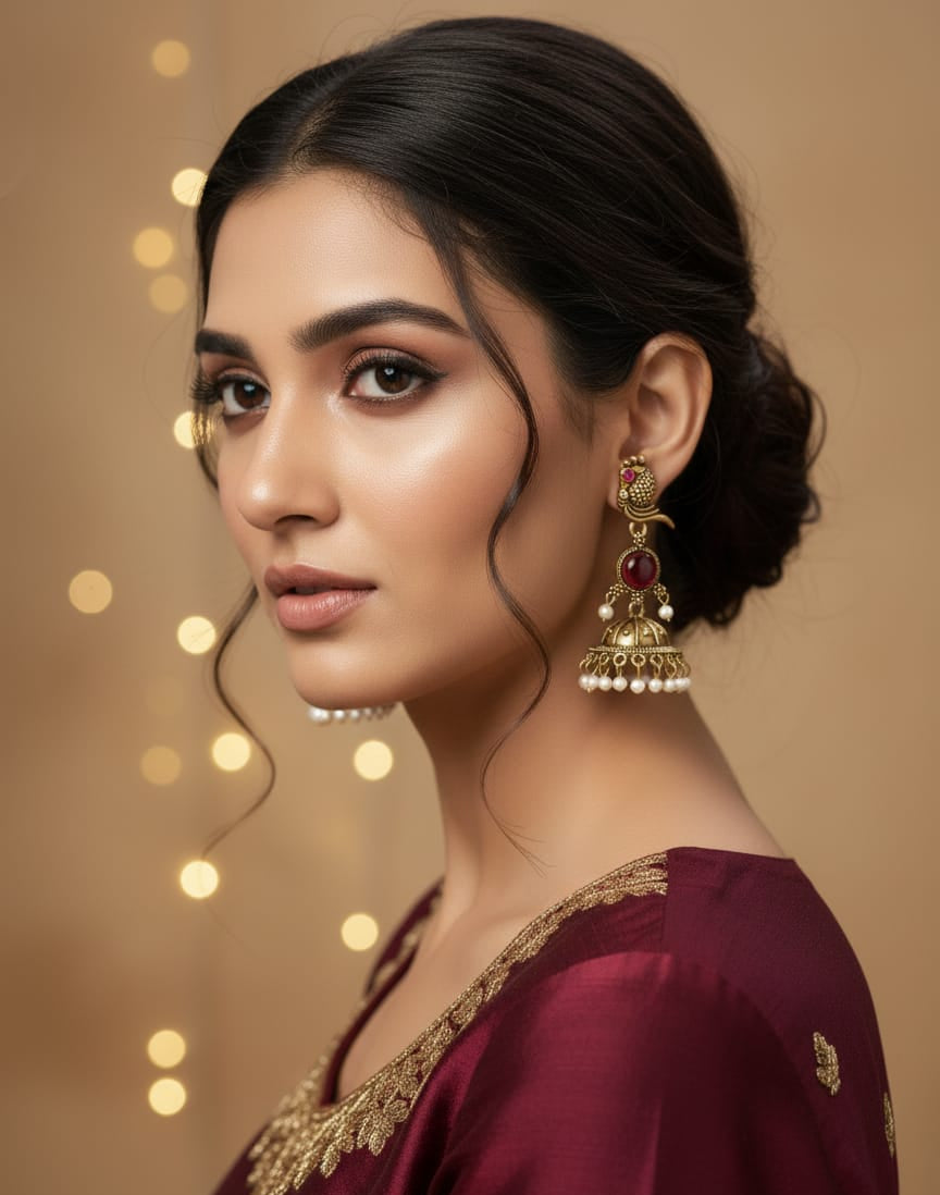 Antique Gold-Plated Peacock Red Stone Jhumka Earrings with Pearl Drops