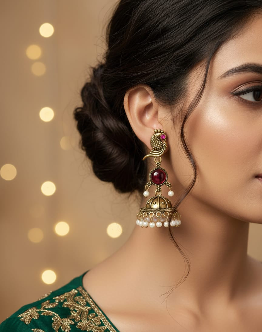 Antique Gold-Plated Peacock Red Stone Jhumka Earrings with Pearl Drops